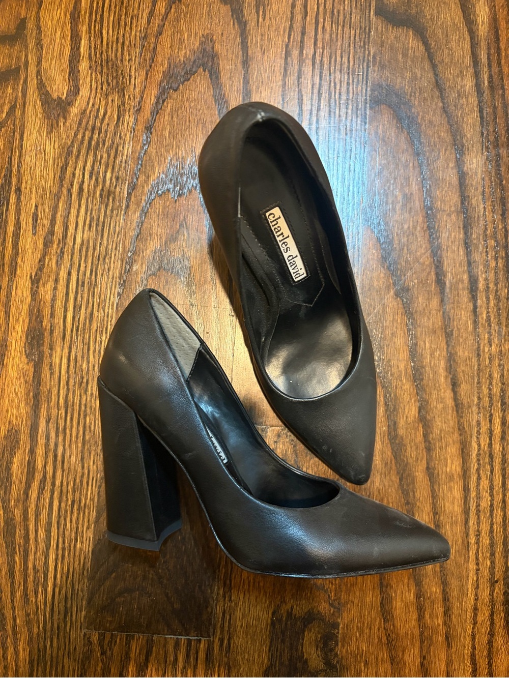 Charles David Black Pointed Block Heel Pumps - Leather